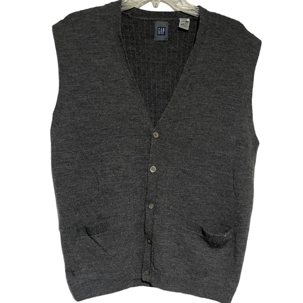 GAP Mens 100% Merino Wool Cardigan Vest Charcoal Gray V-Neck Button‎ Front Large
